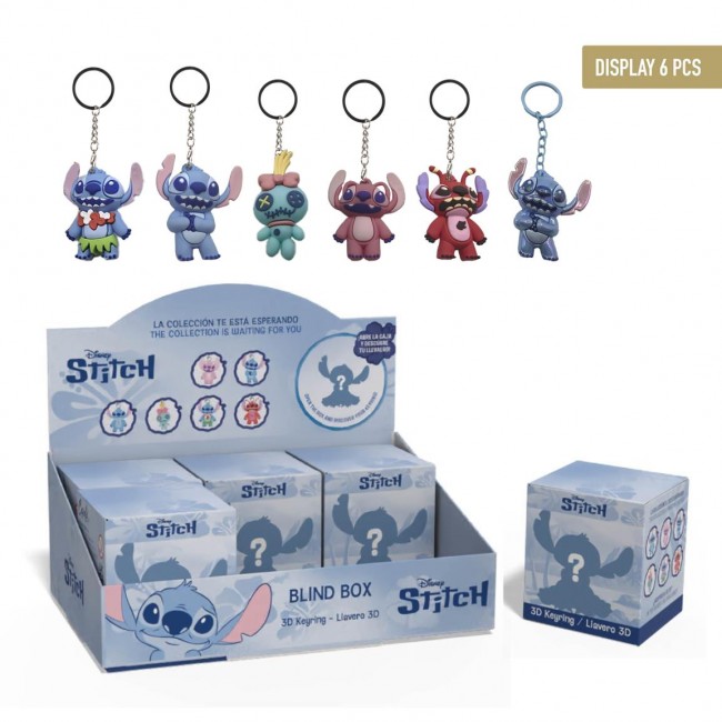 Expositor con cajas sorpresa Blind Box y los 6 modelos de llaveros 3D de Disney Stitch, Angel y Scrump.