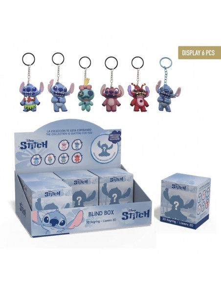 Expositor con cajas sorpresa Blind Box y los 6 modelos de llaveros 3D de Disney Stitch, Angel y Scrump.