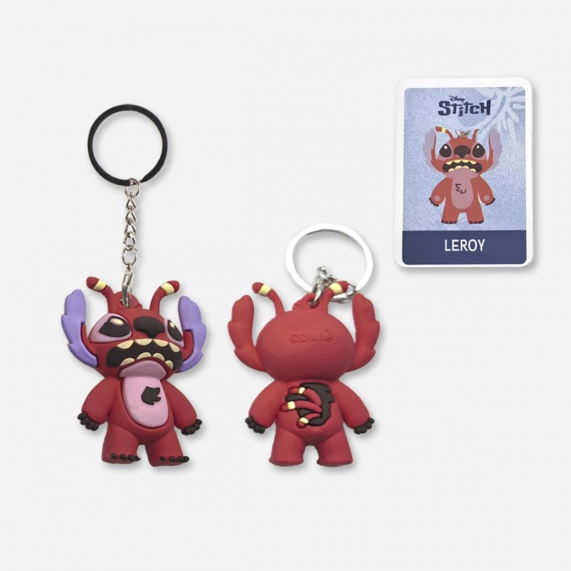 Llavero 3D de Leroy el experimento rojo de Disney con antenas y tarjeta coleccionable.