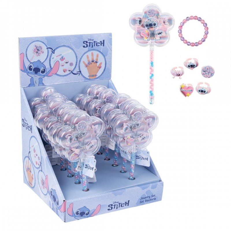 Set de bisutería infantil de Disney Stitch con varita en forma de flor, pulsera de cuentas y 5 anillos