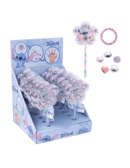 Set de bisutería infantil de Disney Stitch con varita en forma de flor, pulsera de cuentas y 5 anillos