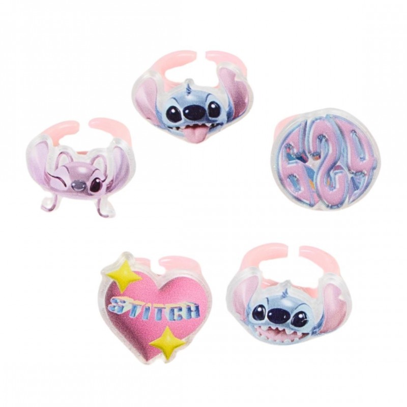 Conjunto de 5 anillos infantiles ajustables con diseños de Stitch, Angel y corazón.