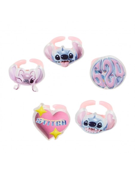 Conjunto de 5 anillos infantiles ajustables con diseños de Stitch, Angel y corazón.