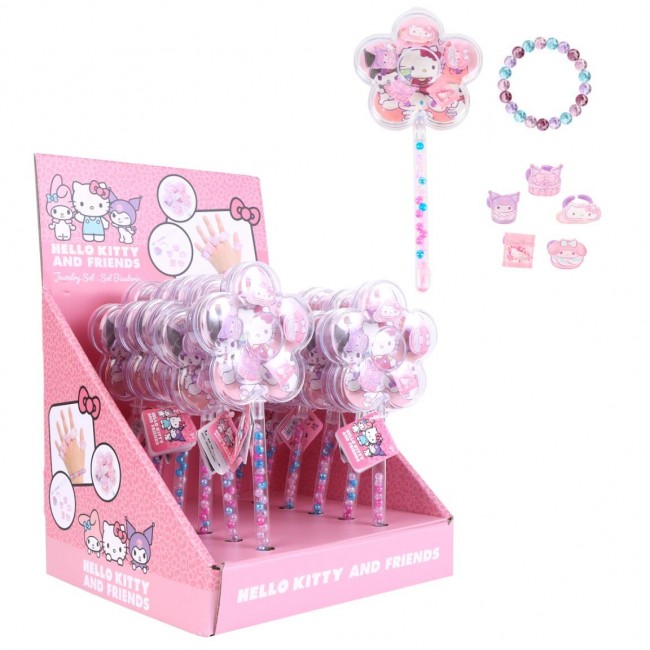 Set de bisutería infantil Hello Kitty and Friends con varita de flor, pulsera de cuentas, anillos y caja expositora.