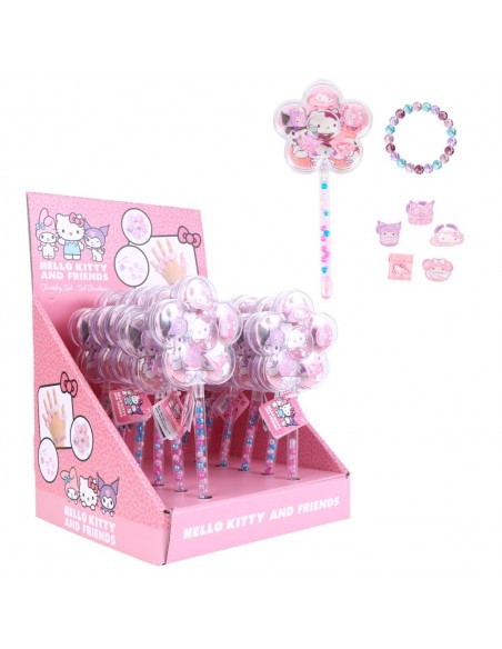 Set de bisutería infantil Hello Kitty and Friends con varita de flor, pulsera de cuentas, anillos y caja expositora.