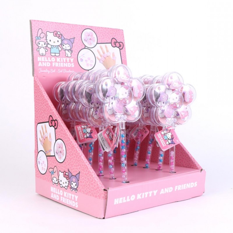 Expositor de punto de venta de tiendas con unidades en varita del set de bisutería Hello Kitty and Friends.