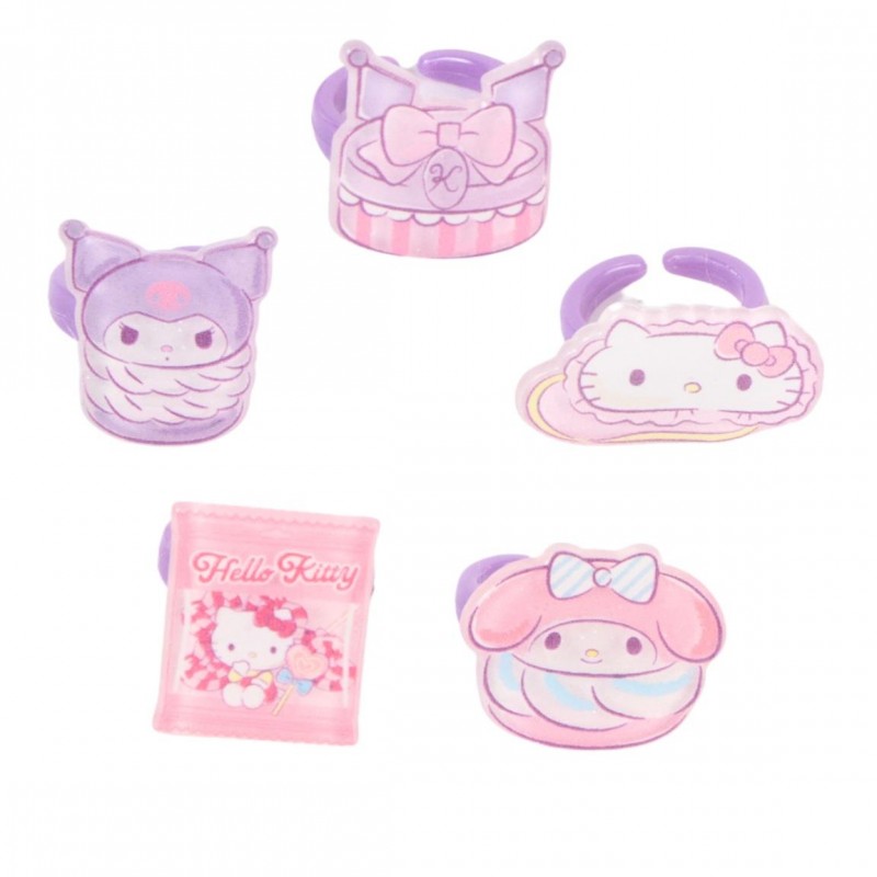 Conjunto de 5 anillos infantiles ajustables con figuras de Hello Kitty, Kuromi y My Melody.