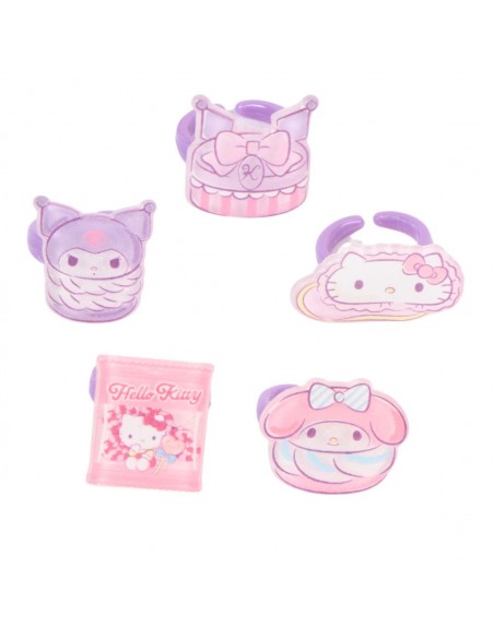 Conjunto de 5 anillos infantiles ajustables con figuras de Hello Kitty, Kuromi y My Melody.
