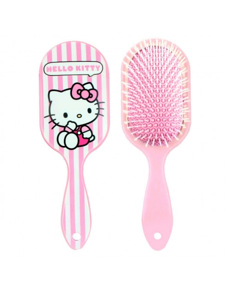 Vista frontal con diseño de Hello Kitty y trasera con cabezal acolchado de púas del cepillo de pelo infantil.
