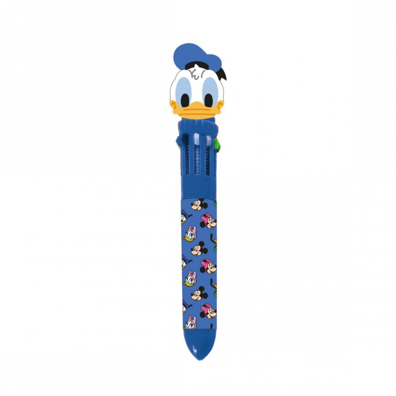 Bolígrafo multicolor de 10 tintas del Pato Donald en color azul escolar con gorra en el topper.