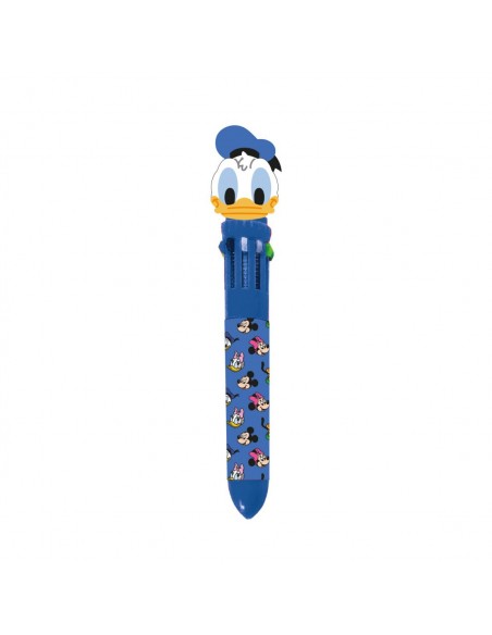 Bolígrafo multicolor de 10 tintas del Pato Donald en color azul escolar con gorra en el topper.