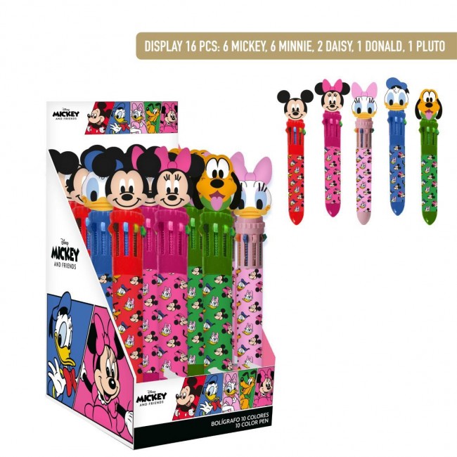 Expositor de 16 unidades del bolígrafo de 10 colores Disney Mickey y sus Amigos con modelos surtidos.
