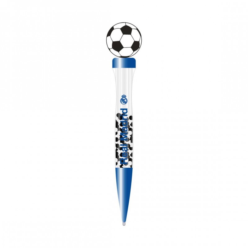 Bolígrafo infantil del Real Madrid en color azul con topper de balón de fútbol y escudo oficial.
