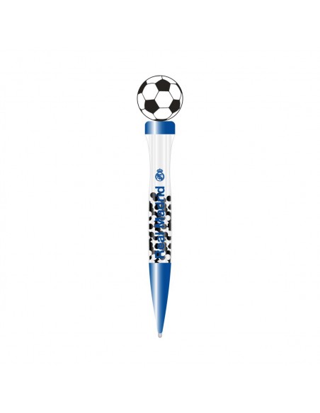 Bolígrafo infantil del Real Madrid en color azul con topper de balón de fútbol y escudo oficial.