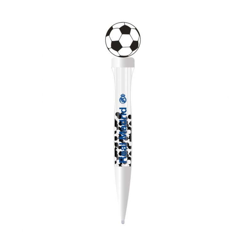 Bolígrafo infantil del Real Madrid en color blanco con topper de balón de fútbol y escudo oficial.