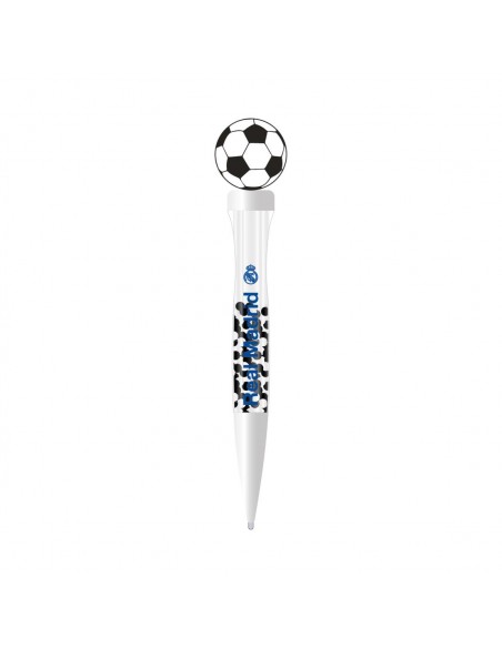 Bolígrafo infantil del Real Madrid en color blanco con topper de balón de fútbol y escudo oficial.