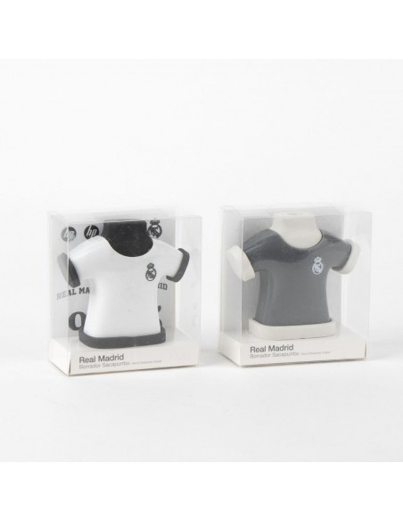 Sacapuntas con goma de borrar del Real Madrid en versión camiseta blanca y gris en sus cajitas transparentes.