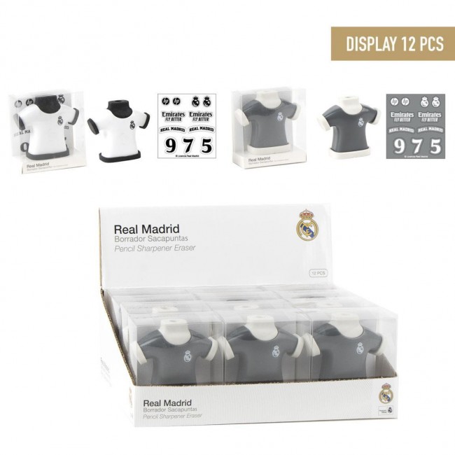 Expositor de 12 unidades del sacapuntas con goma en forma de camiseta del Real Madrid con hojas de pegatinas.
