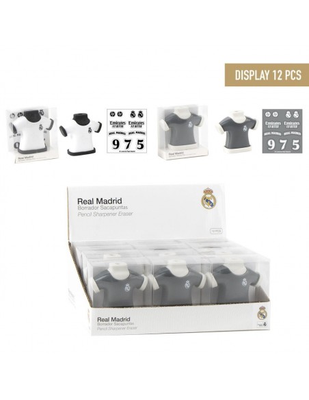 Expositor de 12 unidades del sacapuntas con goma en forma de camiseta del Real Madrid con hojas de pegatinas.