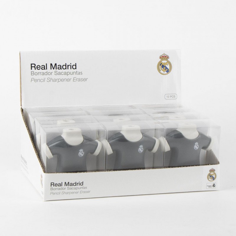 Expositor display de cartón con 12 cajitas de gomas sacapuntas camiseta del Real Madrid.