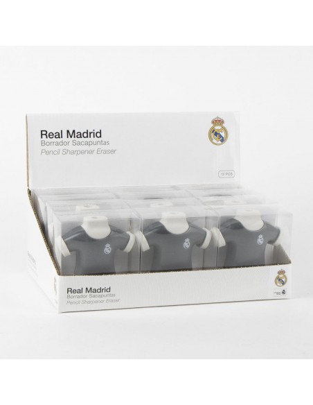 Expositor display de cartón con 12 cajitas de gomas sacapuntas camiseta del Real Madrid.