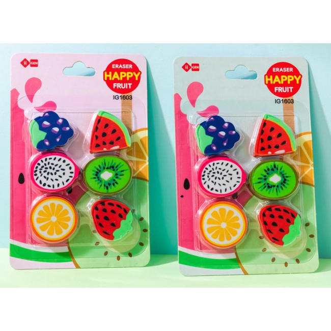 Blíster con 6 gomas de borrar con forma de frutas surtidas