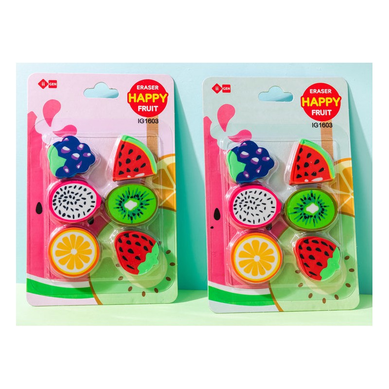 Blíster con 6 gomas de borrar con forma de frutas surtidas