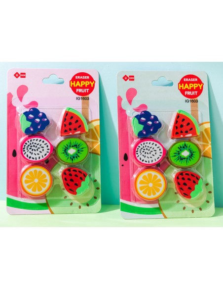 Blíster con 6 gomas de borrar con forma de frutas surtidas