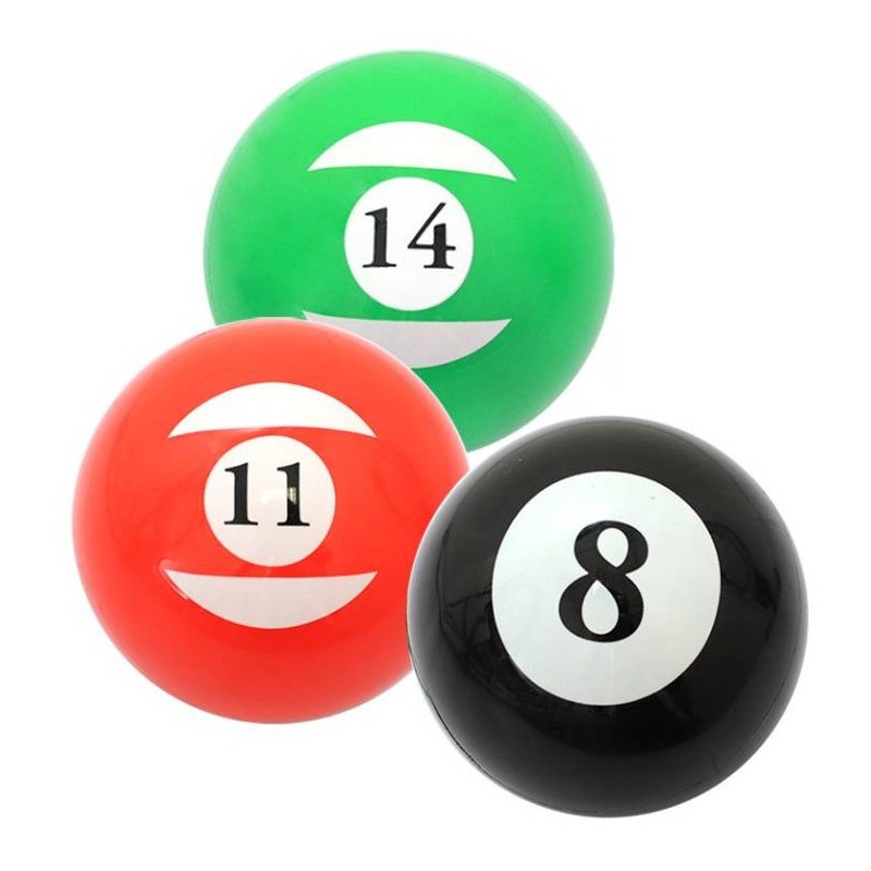 Pelotas hinchables de plástico con forma de bolas de billar número 14 verde, 11 roja y 8 negra.