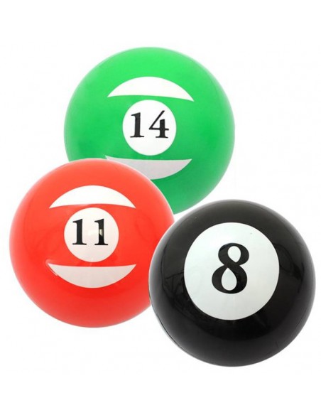 Pelotas hinchables de plástico con forma de bolas de billar número 14 verde, 11 roja y 8 negra.