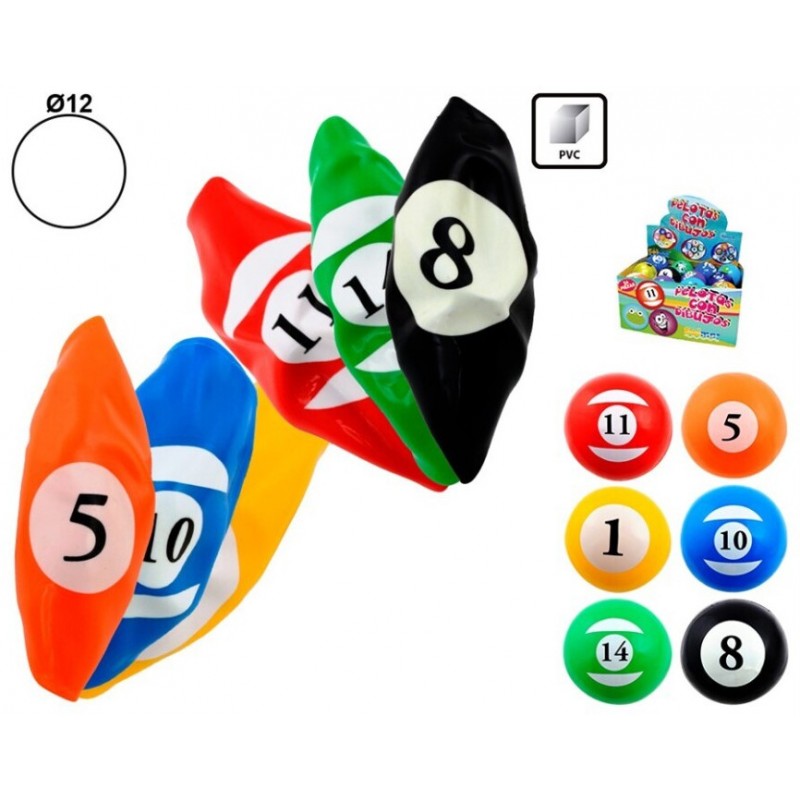 Pelotas de billar hinchables de PVC de 12 cm desinfladas e infladas en varios colores con caja expositora.