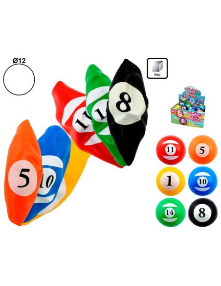 Pelotas de billar hinchables de PVC de 12 cm desinfladas e infladas en varios colores con caja expositora.