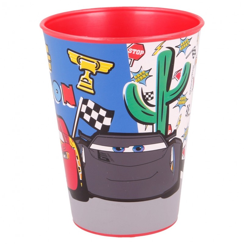 Vaso de plástico infantil de Cars con el personaje Jackson Storm y cactus de adorno.