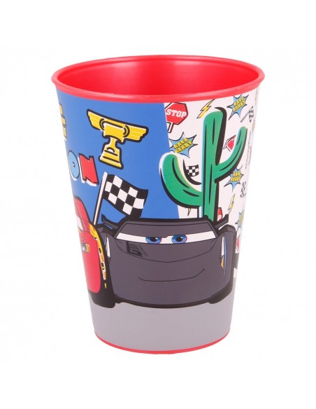 Vaso de plástico infantil de Cars con el personaje Jackson Storm y cactus de adorno.