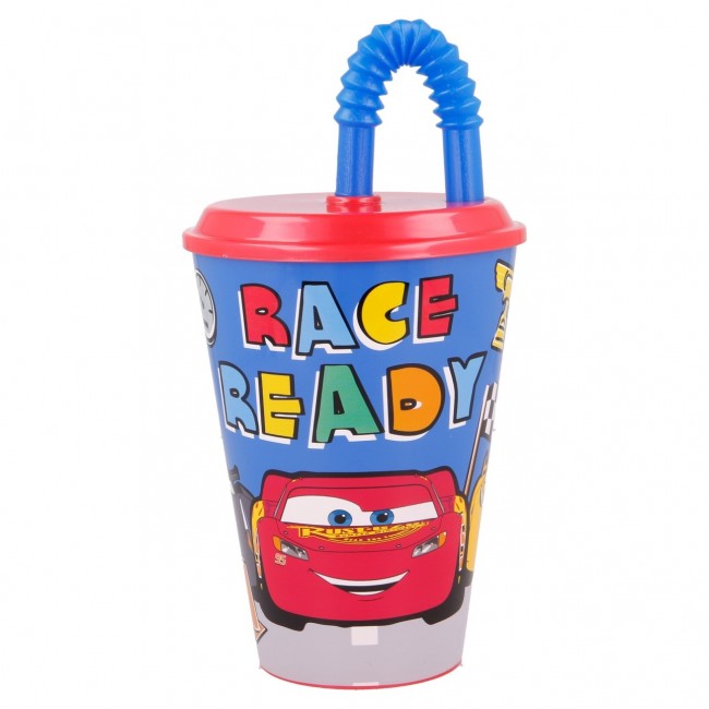Vaso con tapa y caña infantil de Cars con ilustración frontal de Rayo McQueen y lema Race Ready.