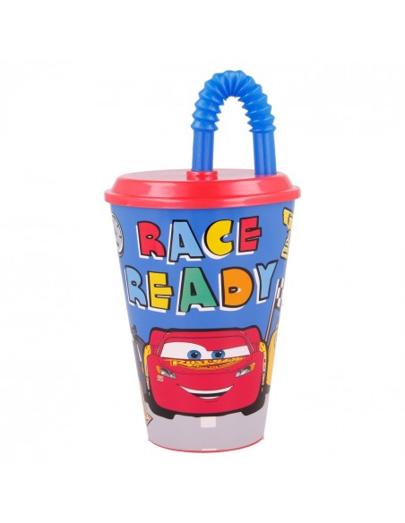 Vaso con tapa y caña infantil de Cars con ilustración frontal de Rayo McQueen y lema Race Ready.