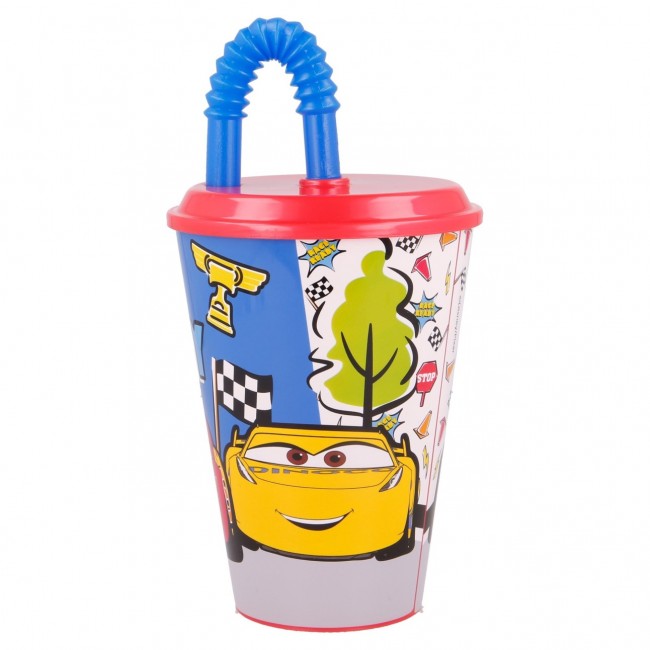 Vaso con tapa y caña infantil de Cars con ilustración frontal de Rayo McQueen y lema Race Ready. 2
