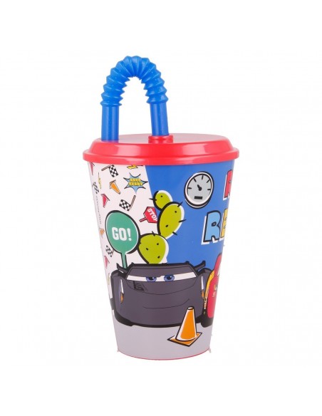 Vaso reutilizable con pajita de Cars mostrando al personaje Jackson Storm y detalles de circuito.