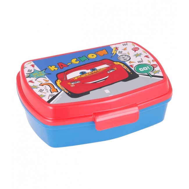 Sandwichera rectangular infantil de Cars con cuerpo azul y tapa roja de Rayo McQueen.