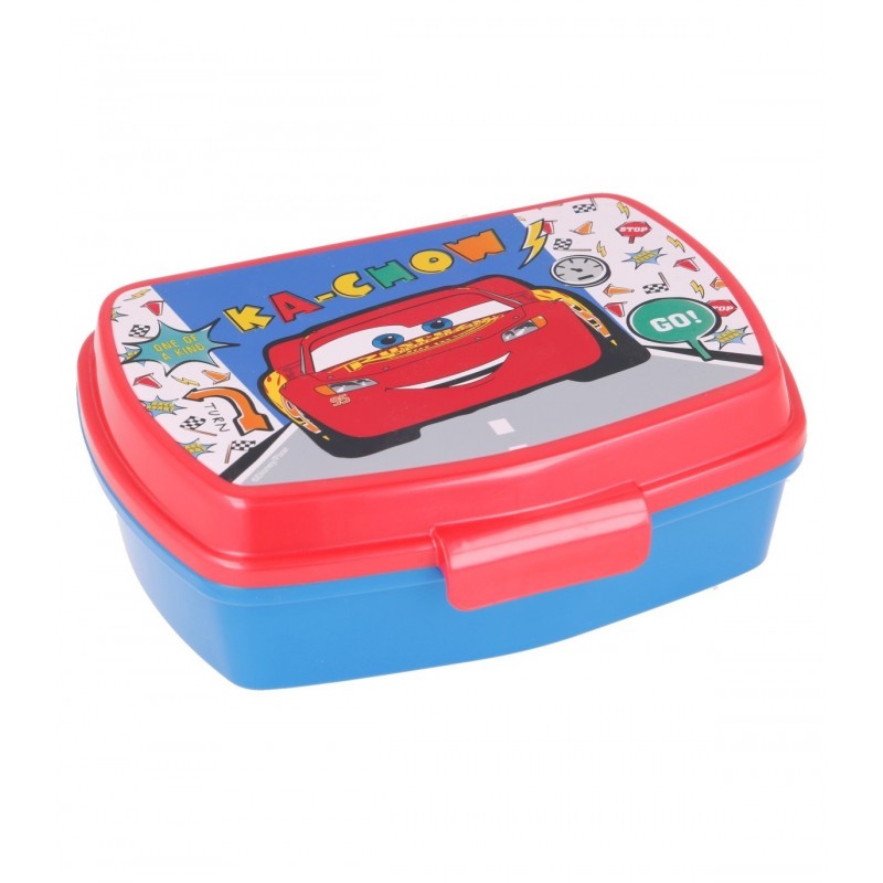 Sandwichera rectangular infantil de Cars con cuerpo azul y tapa roja de Rayo McQueen.