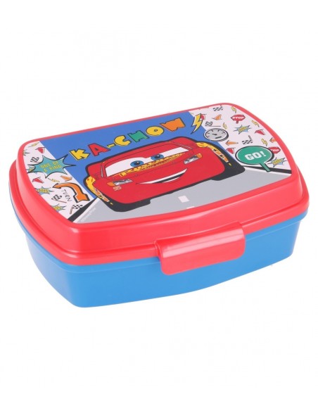 Sandwichera rectangular infantil de Cars con cuerpo azul y tapa roja de Rayo McQueen.