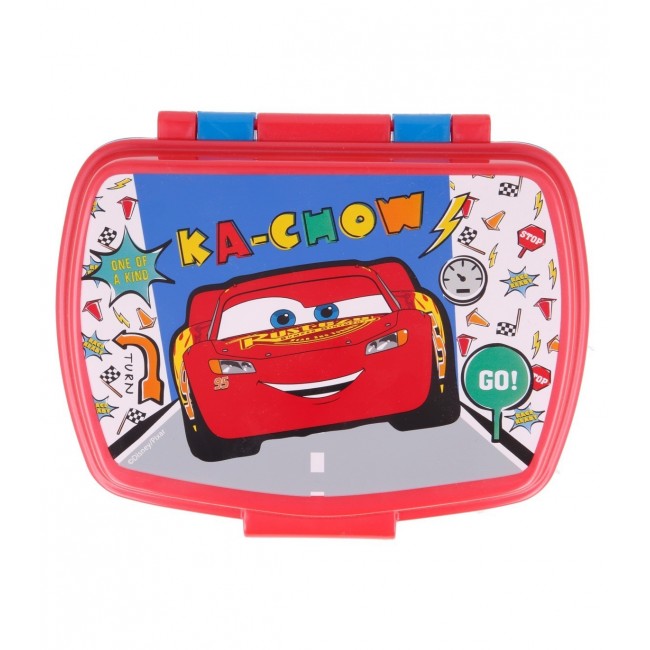 Sandwichera rectangular infantil de Cars con cuerpo azul y tapa roja de Rayo McQueen. 2
