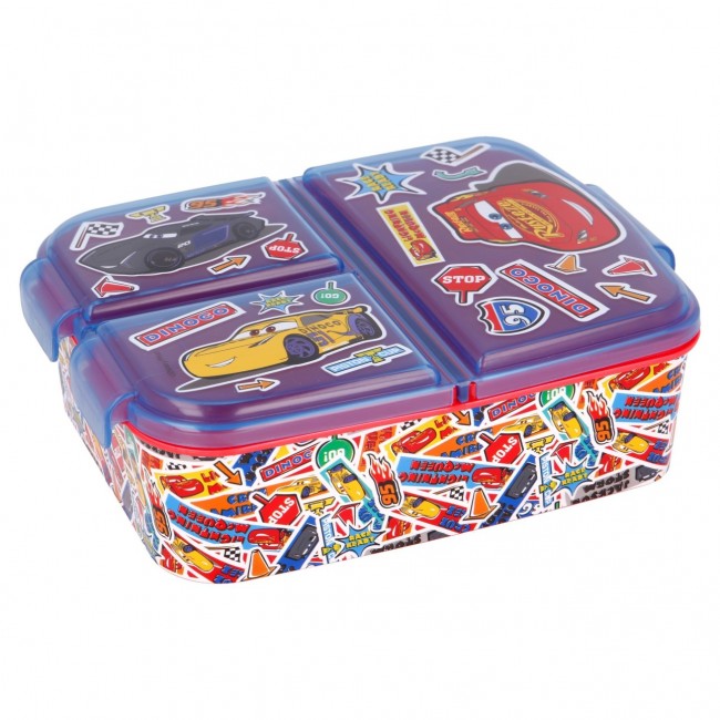 Sandwichera múltiple infantil de Cars con compartimentos y cuerpo decorado con patrón de pegatinas de carreras.
