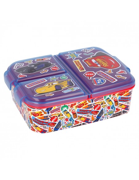 Sandwichera múltiple infantil de Cars con compartimentos y cuerpo decorado con patrón de pegatinas de carreras.