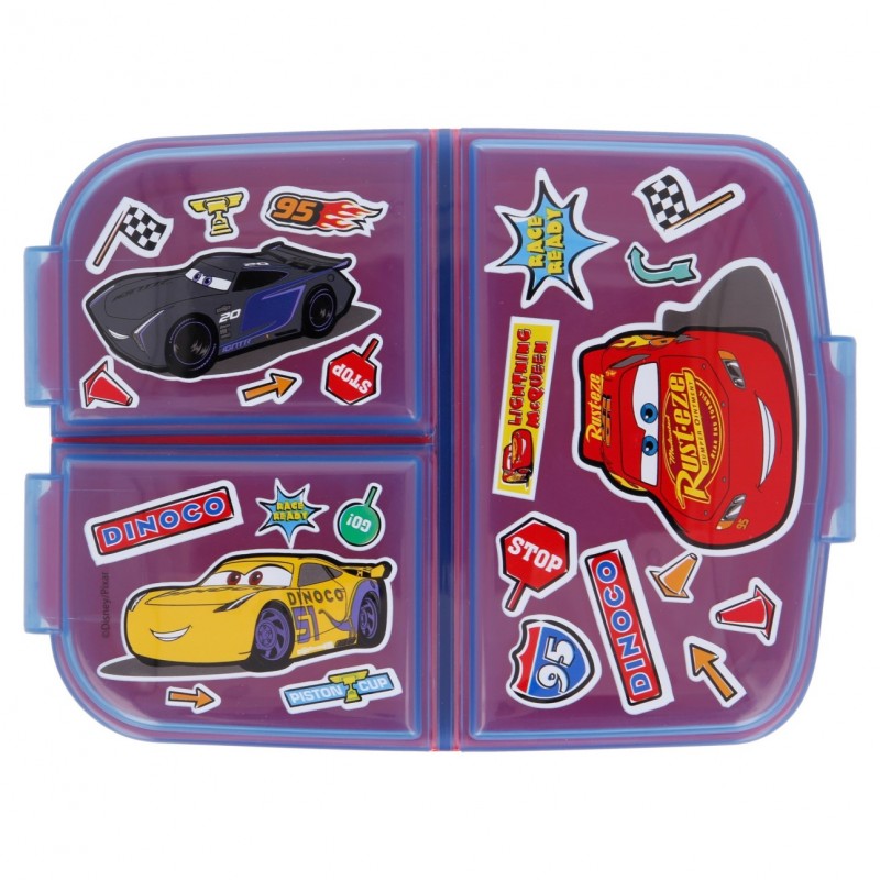 Vista cenital de la sandwichera múltiple de Cars con diseño de pegatinas de Rayo McQueen y Jackson Storm.