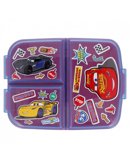 Vista cenital de la sandwichera múltiple de Cars con diseño de pegatinas de Rayo McQueen y Jackson Storm.