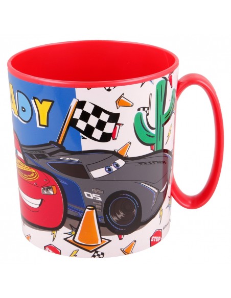 Taza de desayuno infantil de Cars con diseño de Jackson Storm, bandera a cuadros y elementos de circuito.