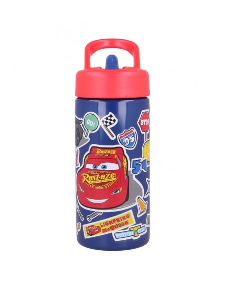Vista frontal de la cantimplora infantil de Cars con la cara de Rayo McQueen y el logotipo de Rust-eze.