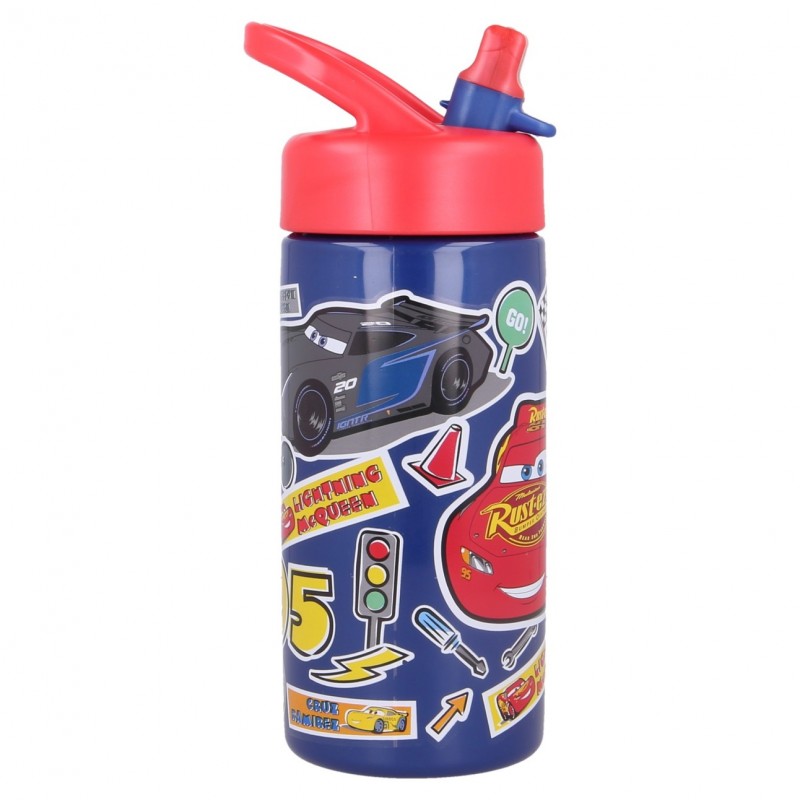 Botella infantil de plástico de Cars con diseño de pegatinas mostrando a Jackson Storm y Rayo McQueen.