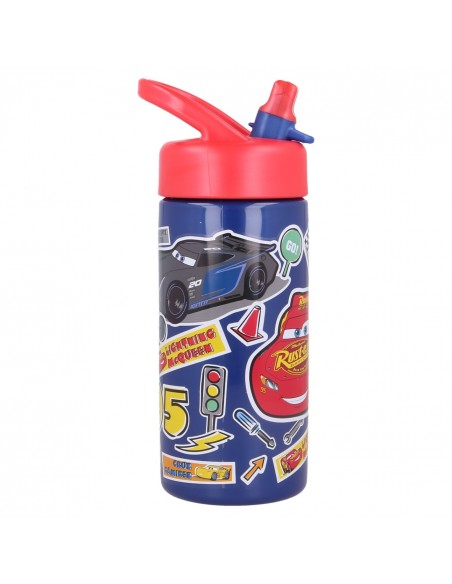 Botella infantil de plástico de Cars con diseño de pegatinas mostrando a Jackson Storm y Rayo McQueen.